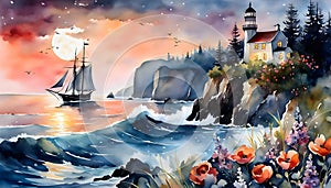 Watercolor illustration, romantic beautiful seaside landscape with sailing ship and during sunset,