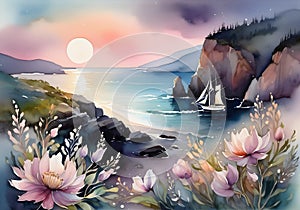 Watercolor illustration, romantic beautiful seaside landscape with sailing ship and during sunset,