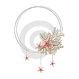 Watercolor illustration round frame with sea stars and corals. Marine composition, gentle and neutral. For the design