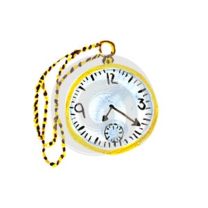 watercolor illustration round gold pocket watch on a chain