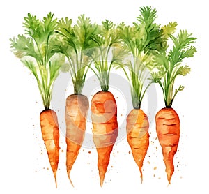 Watercolor illustration of a row of carrots with lush greens, isolated on white background