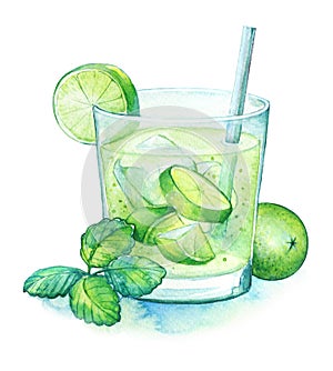 Watercolor illustration of the rum-based lime french coctail Ti` punch in the glass