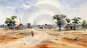 Watercolor Illustration Of A Rural Scene In The Style Of Asante Art