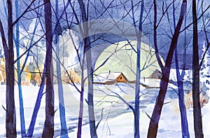 Watercolor illustration of a Russian village in a winter forest at night against a large bright moon