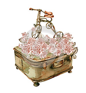 Watercolor illustration of rusty element with roses. An old rusty enamel element.