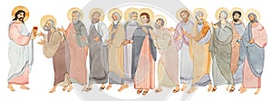 Watercolor illustration of the Sacrament. Jesus Christ gives wine  to the apostles, isolated on a white background. For Christian