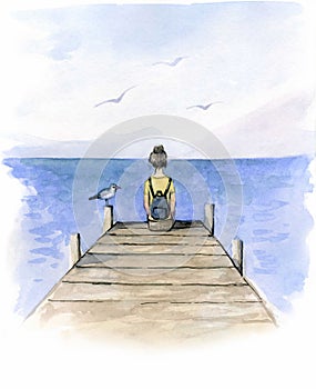 Girl sitting on the dock watercolor photo