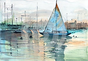 Watercolor illustration of a sailboat photo