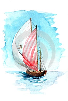 Watercolor illustration of a sailing boat on the waves