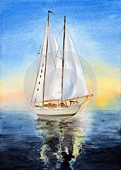 Watercolor illustration of sailing boat with white sails reflecting in the dark blue sea