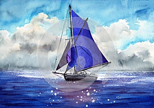 Watercolor illustration of a sailing ship with blue sails