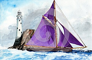 Watercolor illustration of a sailing ship with purple sails