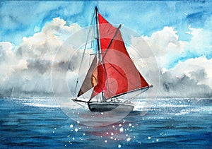 Watercolor illustration of a sailing ship with red sails