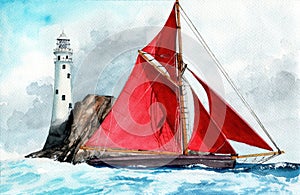 Watercolor illustration of a sailing ship with scarlet sails