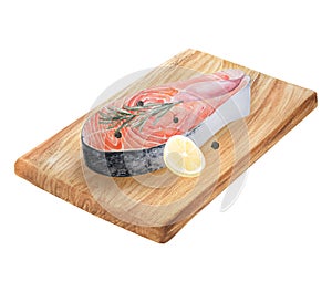 Watercolor illustration of salmon steak, lemon on wooden cutting board isolated on white background