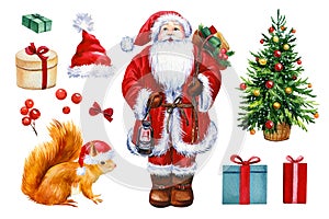 watercolor illustration, santa claus, christmas tree, gifts isolated on white background