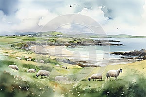 Watercolor illustration of a scenic Irish landspace. Generative AI photo