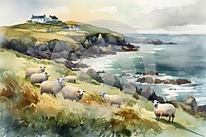 Watercolor illustration of a scenic Irish landspace. Generative AI photo