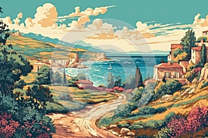 Watercolor illustration of a scenic mediterranean landspace. Generative AI photo