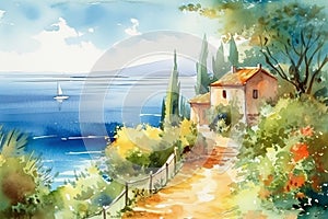 Watercolor illustration of a scenic mediterranean landspace. Generative AI photo