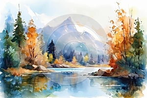 Watercolor illustration of a scenic mountain landspace at autumn. Generative AI photo