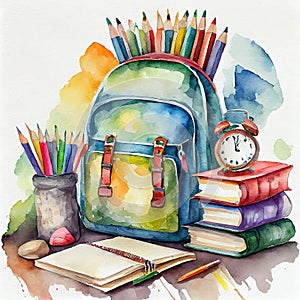 Watercolor illustration of school backpack, books and pencils on white background. Back to school