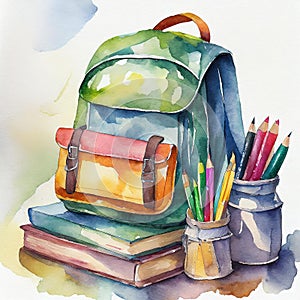 Watercolor illustration of school backpack, books and pencils on white background. Back to school
