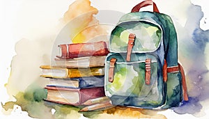 Watercolor illustration of school backpack, stack of books on white background. Back to school