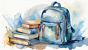 Watercolor illustration of school backpack, stack of books on white background. Back to school