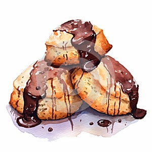 Watercolor Illustration Of Scone Pies With Chocolate Glaze