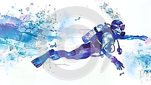 Watercolor illustration of scuba diver in motion, with dynamic paint splashes. Artistic dive representation. Concept of