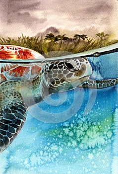 Watercolor illustration of a sea turtle swimming under a turquoise wave