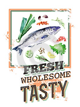 Watercolor illustration of seafood with text message
