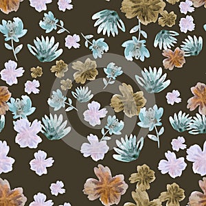 ,botanical print,pale pink and blue abstract flowers on dark background,for wallpaper ,fabric or furniture