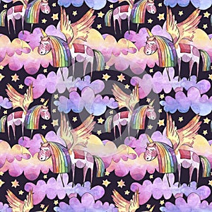 Watercolor illustration. Seamless pattern with bright rainbow clouds, unicorns and stars.