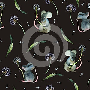 Watercolor illustration. Seamless pattern of gray mice with dandelion on dark background