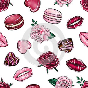 Watercolor illustration. Seamless pattern. Hearts and roses.