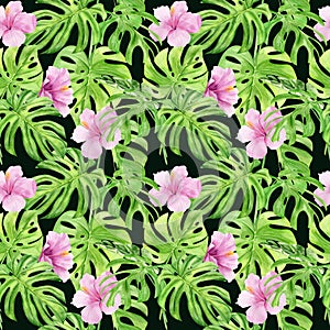 Watercolor illustration seamless pattern of tropical leaves and flower hibiscus. Perfect as background texture, wrapping