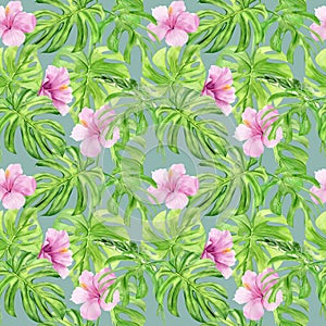 Watercolor illustration seamless pattern of tropical leaves and flower hibiscus. Perfect as background texture, wrapping paper,