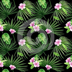 Watercolor illustration seamless pattern of tropical leaves and flower hibiscus. Perfect as background texture, wrapping paper,
