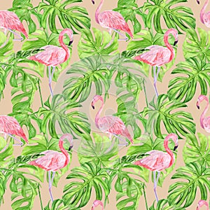 Watercolor illustration seamless pattern of tropical leaves and pink flamingo. Perfect as background texture, wrapping