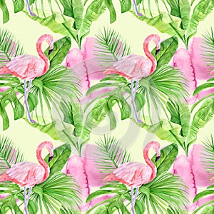 Watercolor illustration seamless pattern of tropical leaves and pink flamingo. Perfect as background texture, wrapping