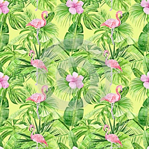 Watercolor illustration seamless pattern of tropical leaves and pink flamingo. Perfect as background texture, wrapping