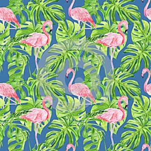 Watercolor illustration seamless pattern of tropical leaves and pink flamingo. Perfect as background texture, wrapping