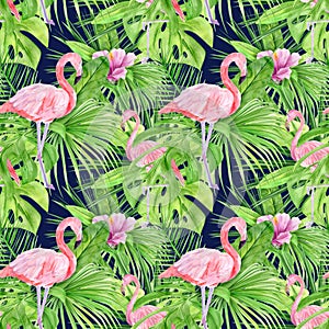 Watercolor illustration seamless pattern of tropical leaves and pink flamingo. Perfect as background texture, wrapping