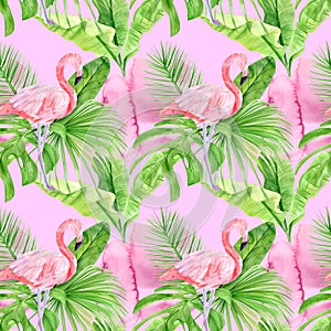 Watercolor illustration seamless pattern of tropical leaves and pink flamingo. Perfect as background texture, wrapping