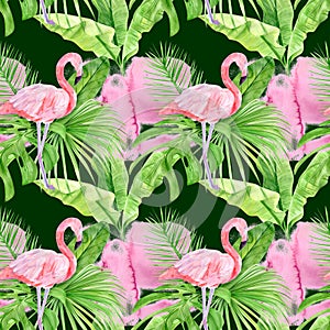 Watercolor illustration seamless pattern of tropical leaves and pink flamingo. Perfect as background texture, wrapping