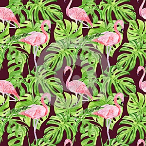 Watercolor illustration seamless pattern of tropical leaves and pink flamingo. Perfect as background texture, wrapping