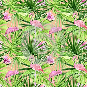 Watercolor illustration seamless pattern of tropical leaves and pink flamingo. Perfect as background texture, wrapping