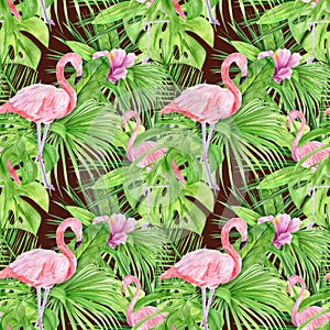 Watercolor illustration seamless pattern of tropical leaves and pink flamingo. Perfect as background texture, wrapping